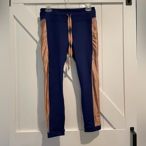 Fabletics leggings, blue with copper side stripes, medium.